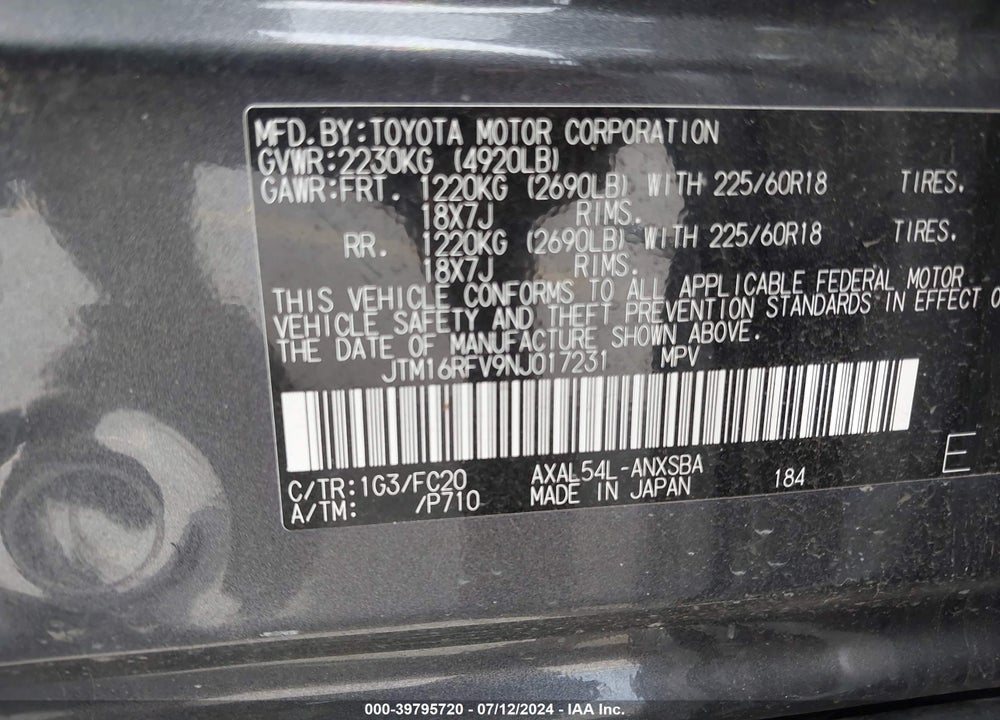 2022 TOYOTA RAV4 HYBRID SE VIN: JTM16RFV9NJ017231