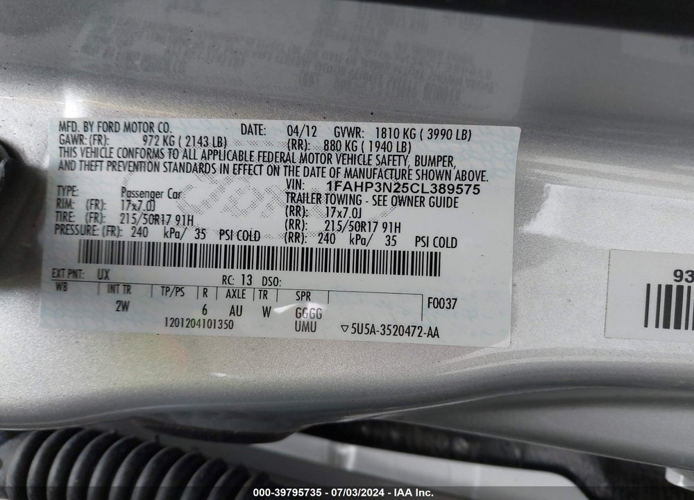2012 FORD FOCUS TITANIUM VIN: 1FAHP3N25CL389575
