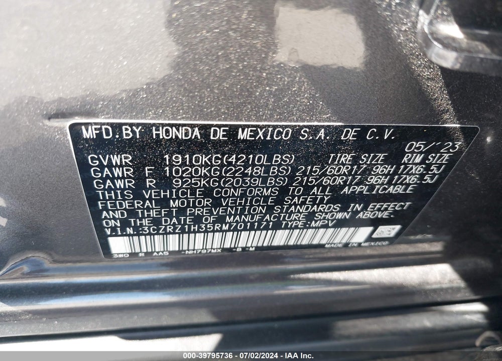 2024 HONDA HR-V 2WD LX VIN: 3CZRZ1H35RM701171