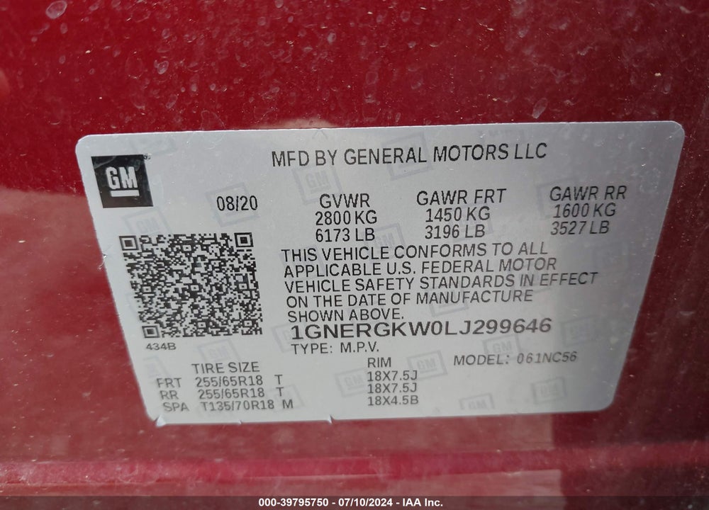 2020 CHEVROLET TRAVERSE VIN: 1GNERGKW0LJ299646