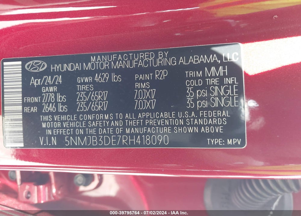 2024 HYUNDAI TUCSON SEL VIN: 5NMJB3DE7RH418090