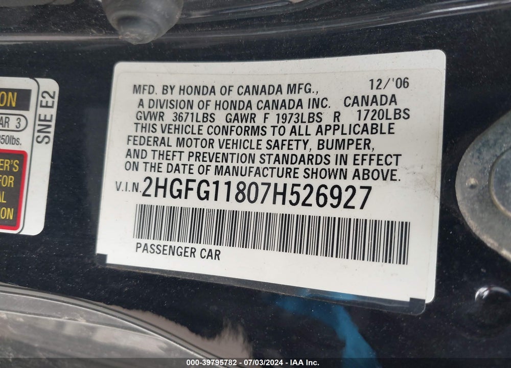 2007 HONDA CIVIC EX VIN: 2HGFG11807H526927