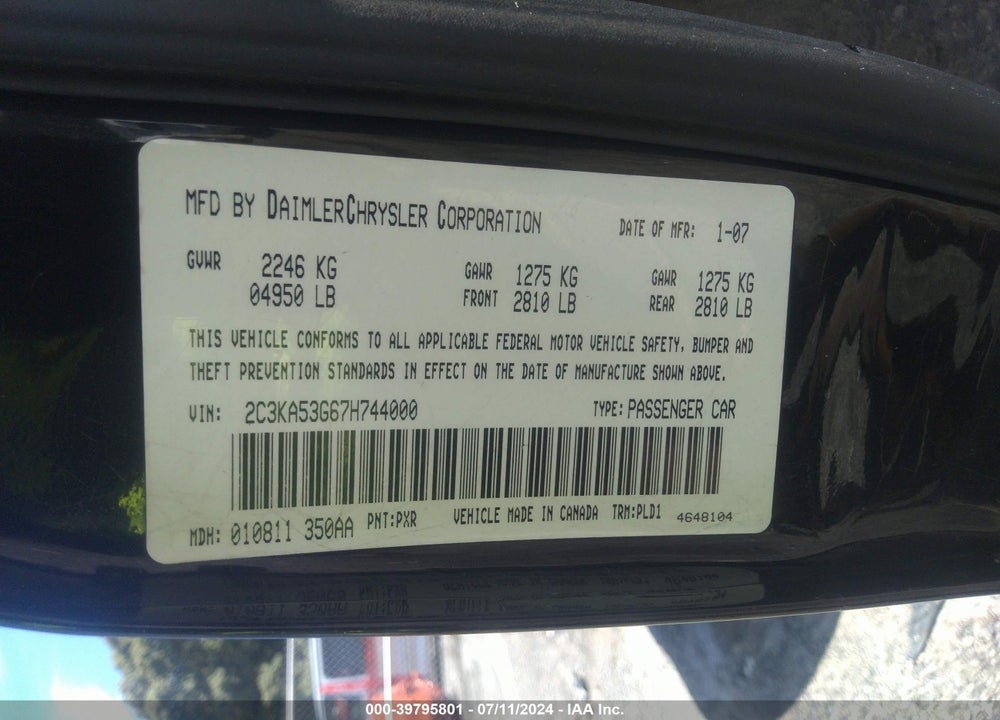 2007 CHRYSLER 300 TOURING VIN: 2C3KA53G67H744000