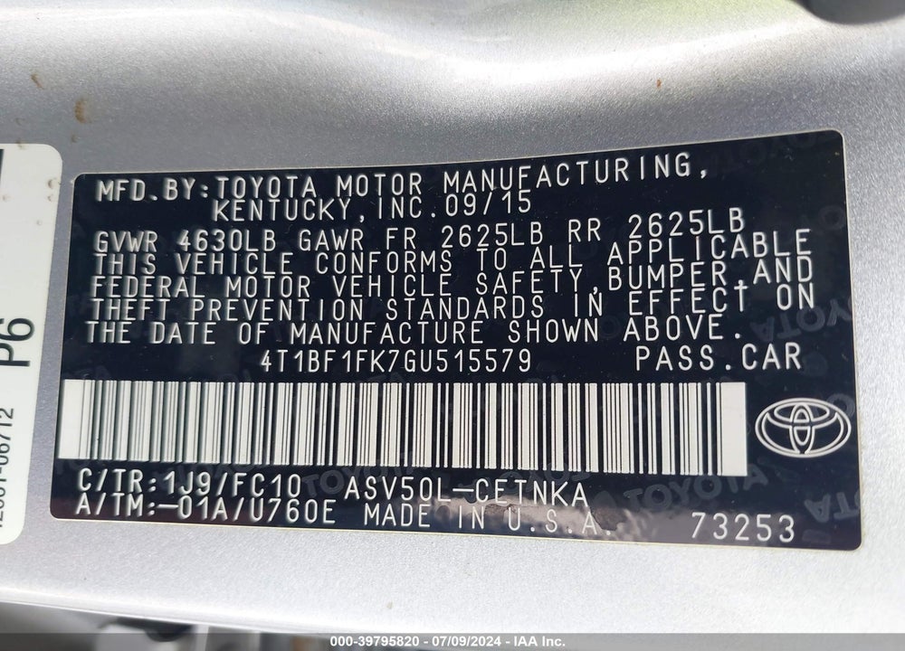 2016 TOYOTA CAMRY LE VIN: 4T1BF1FK7GU515579