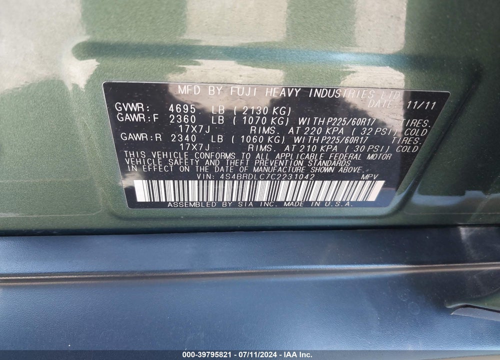 2012 SUBARU OUTBACK 3.6R LIMITED VIN: 4S4BRDLC7C2231042
