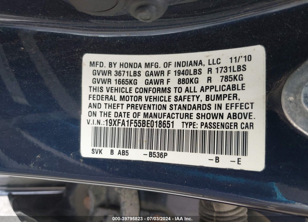 2011 HONDA CIVIC LX VIN: 19XFA1F55BE018651