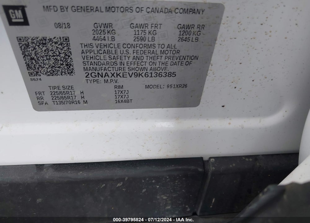 2019 CHEVROLET EQUINOX LT VIN: 2GNAXKEV9K6136385