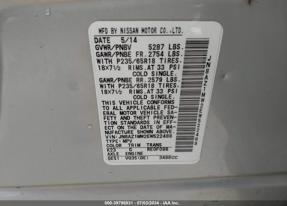 2014 NISSAN MURANO SL VIN: JN8AZ1MW2EW522488