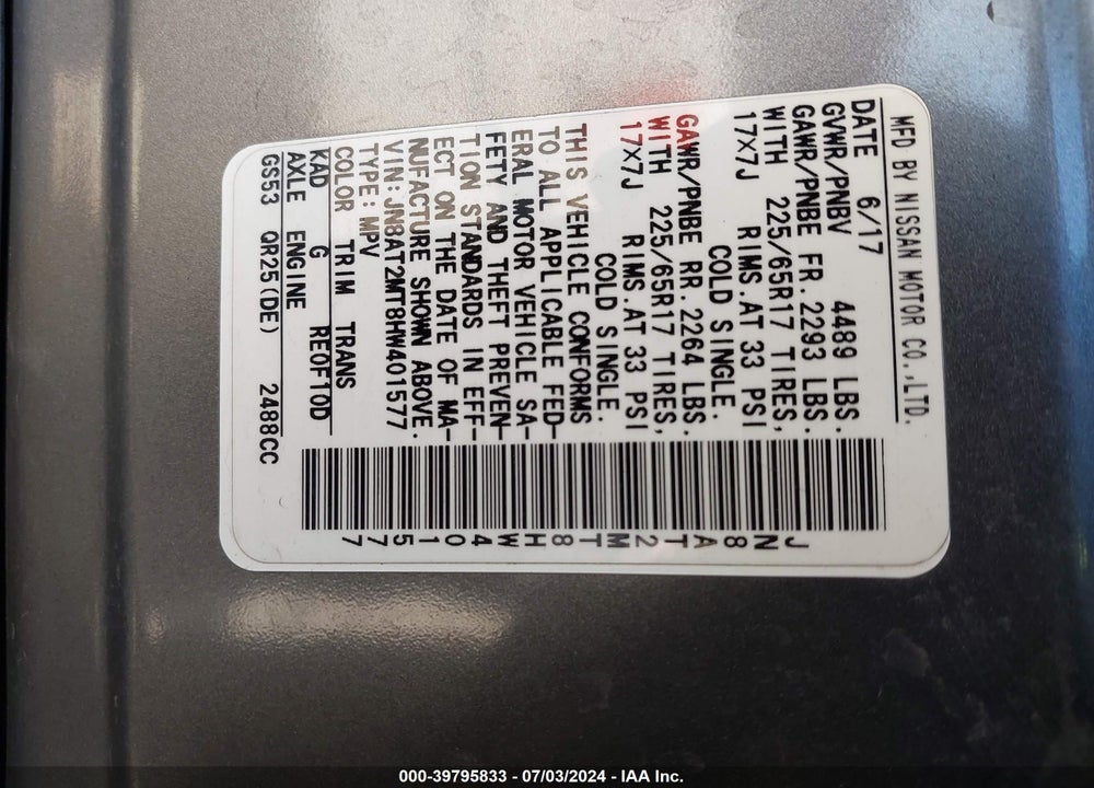 2017 NISSAN ROGUE S VIN: JN8AT2MT8HW401577