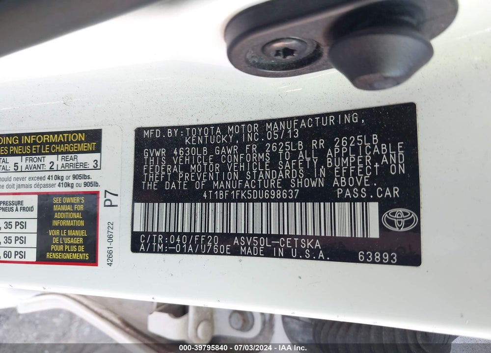 2013 TOYOTA CAMRY SE VIN: 4T1BF1FK5DU698637