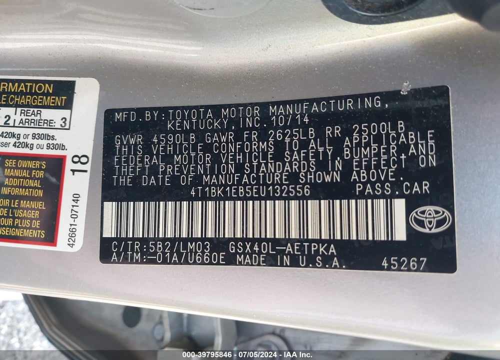 2014 TOYOTA AVALON LIMITED VIN: 4T1BK1EB5EU132556