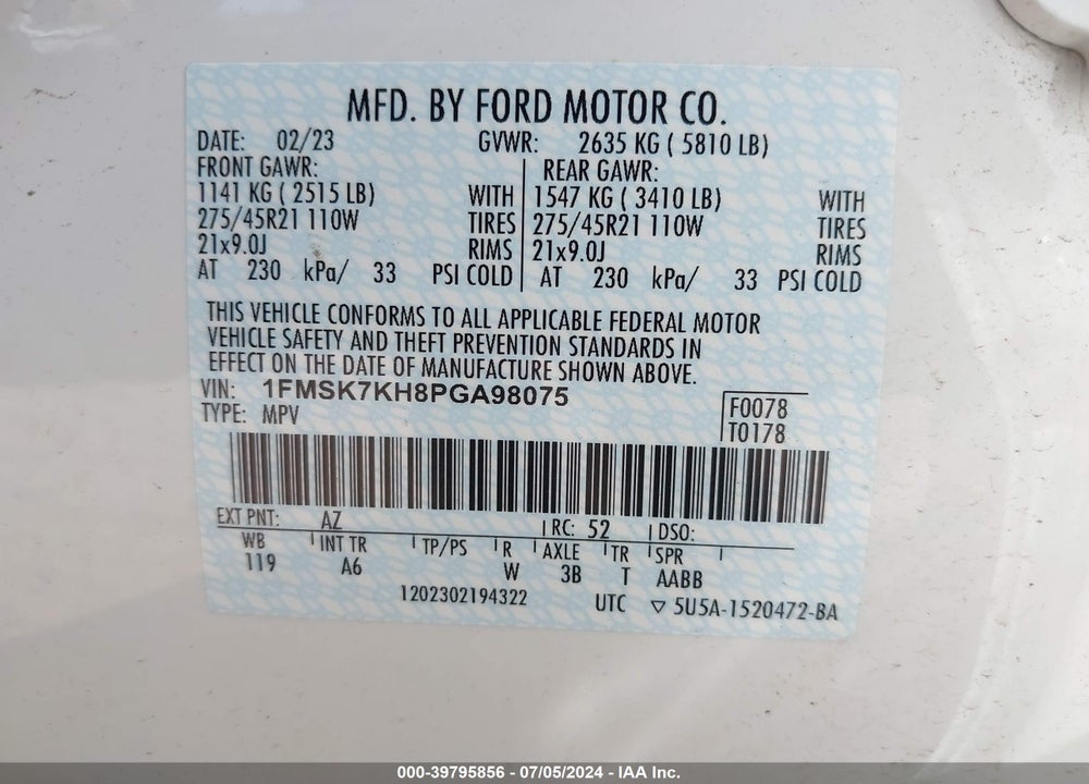 2023 FORD EXPLORER ST-LINE VIN: 1FMSK7KH8PGA98075