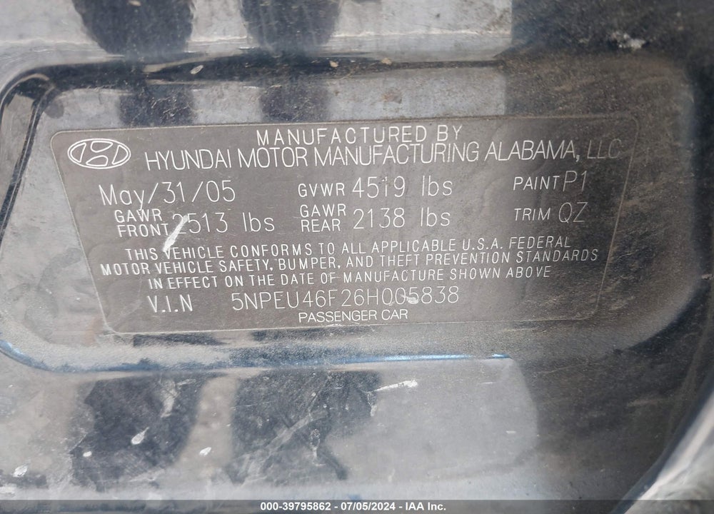 2006 HYUNDAI SONATA GLS V6/LX V6 VIN: 5NPEU46F26H005838