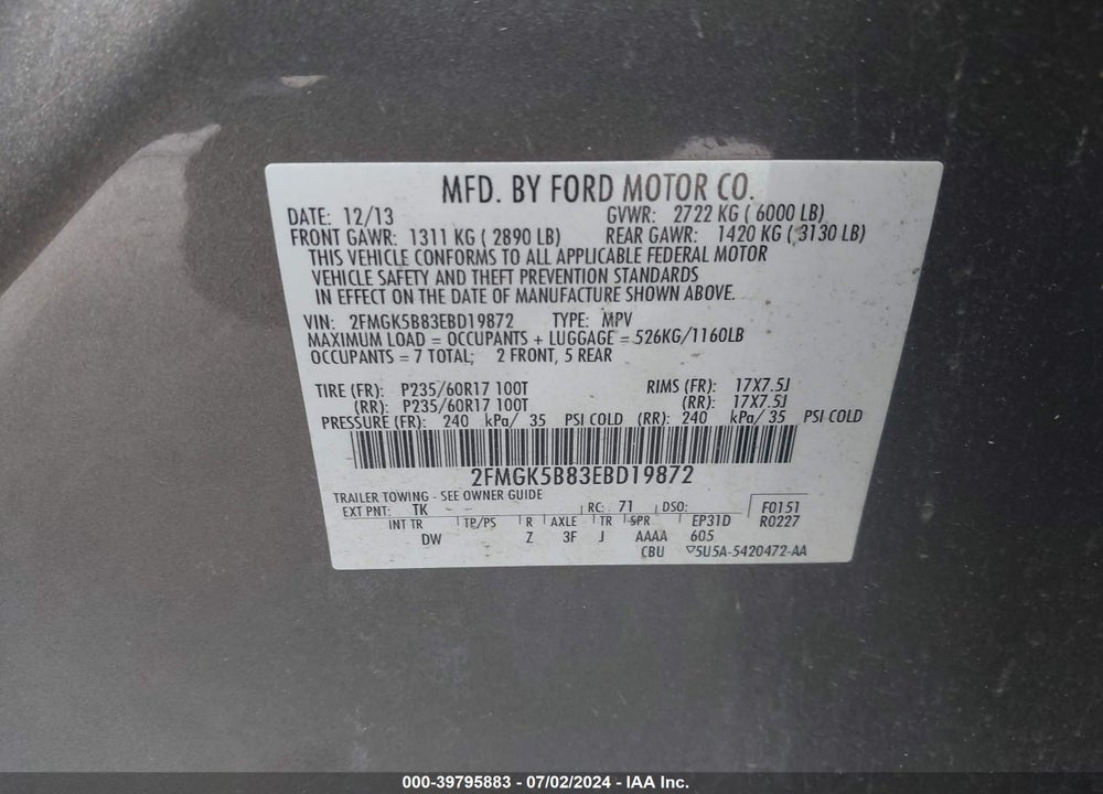 2014 FORD FLEX SE VIN: 2FMGK5B83EBD19872