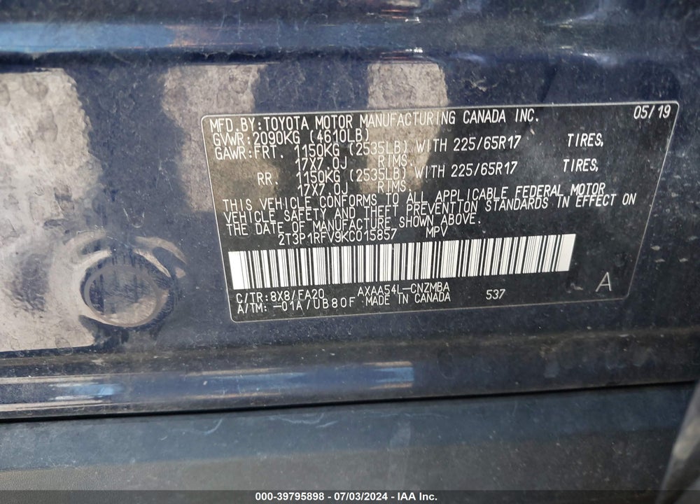 2019 TOYOTA RAV4 XLE VIN: 2T3P1RFV9KC015857