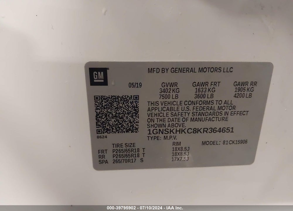 2019 CHEVROLET SUBURBAN LT VIN: 1GNSKHKC8KR364651