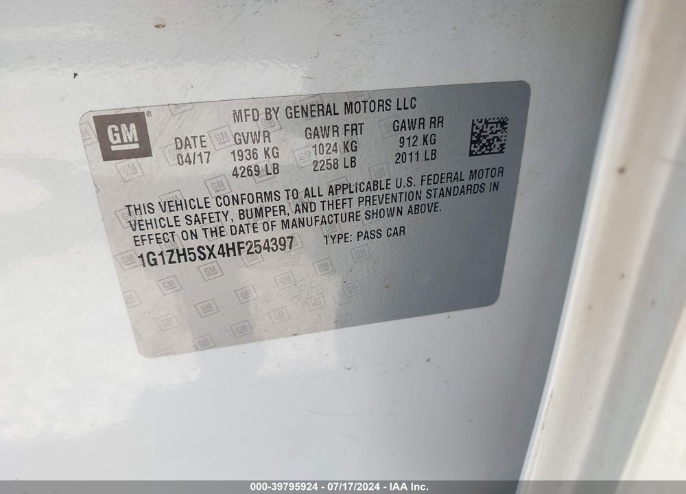 2017 CHEVROLET MALIBU PREMIER VIN: 1G1ZH5SX4HF254397
