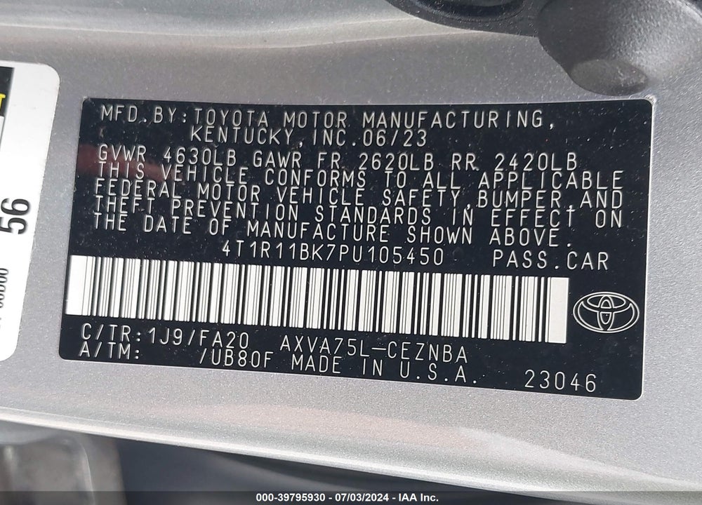 2023 TOYOTA CAMRY LE VIN: 4T1R11BK7PU105450