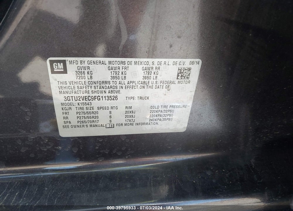 2015 GMC SIERRA 1500 SLT VIN: 3GTU2VEC9FG113526