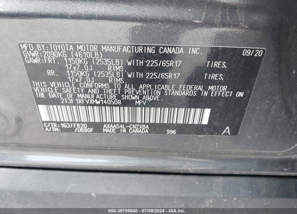 2021 TOYOTA RAV4 LE VIN: 2T3F1RFVXMW140508