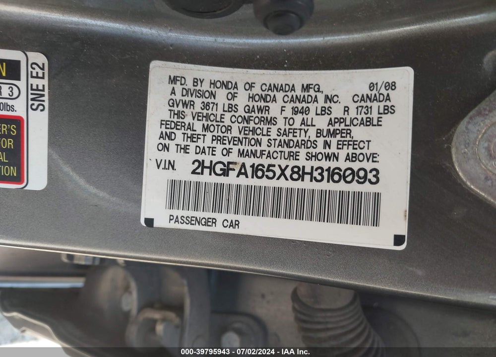 2008 HONDA CIVIC LX VIN: 2HGFA165X8H316093