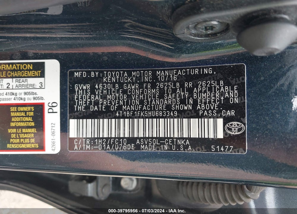 2017 TOYOTA CAMRY LE VIN: 4T1BF1FK5HU683349