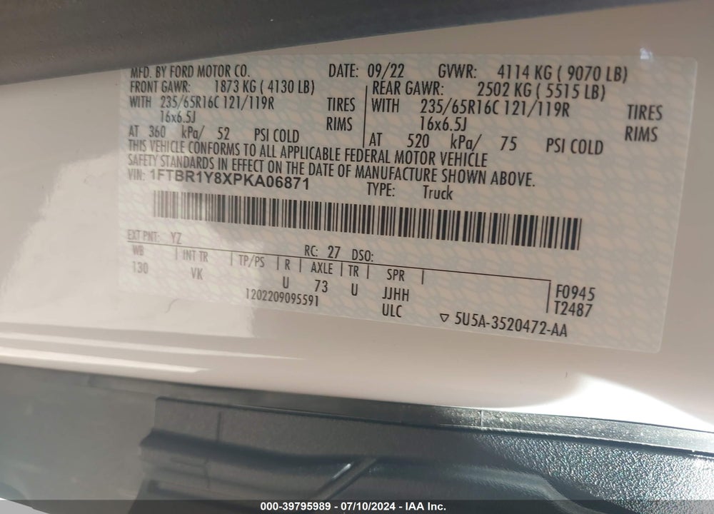 2023 FORD TRANSIT-250 VIN: 1FTBR1Y8XPKA06871
