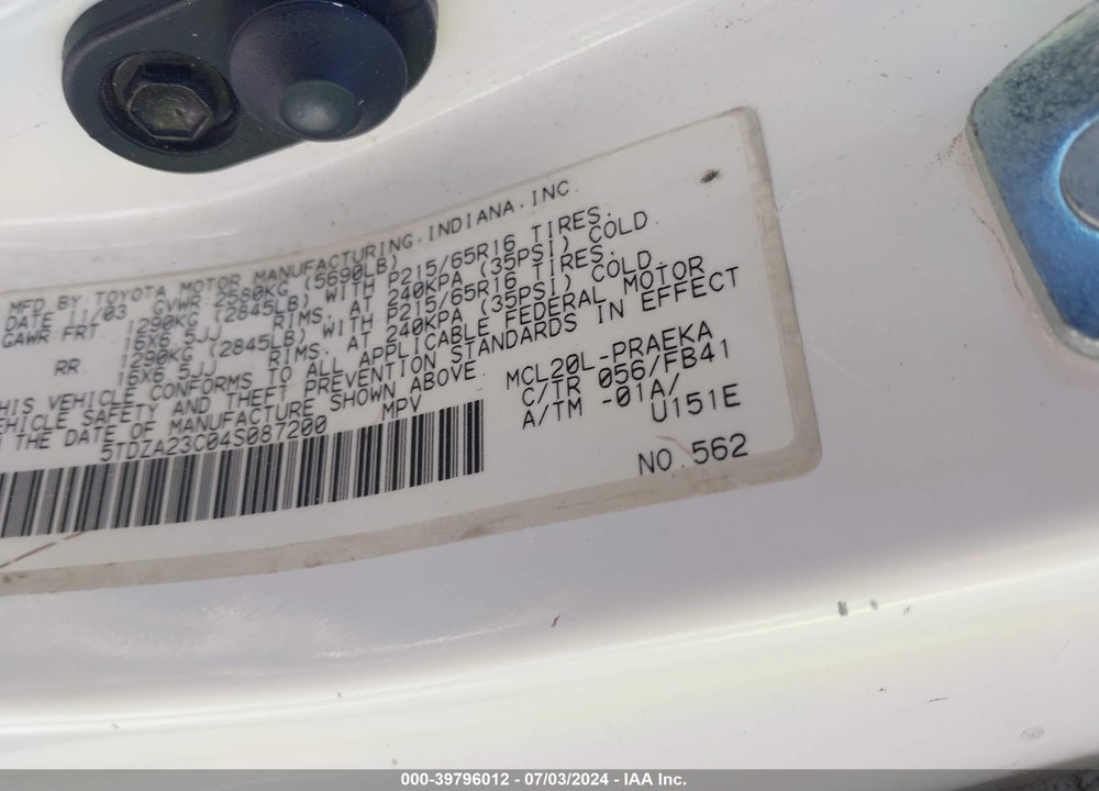 2004 TOYOTA SIENNA LE VIN: 5TDZA23C04S087200