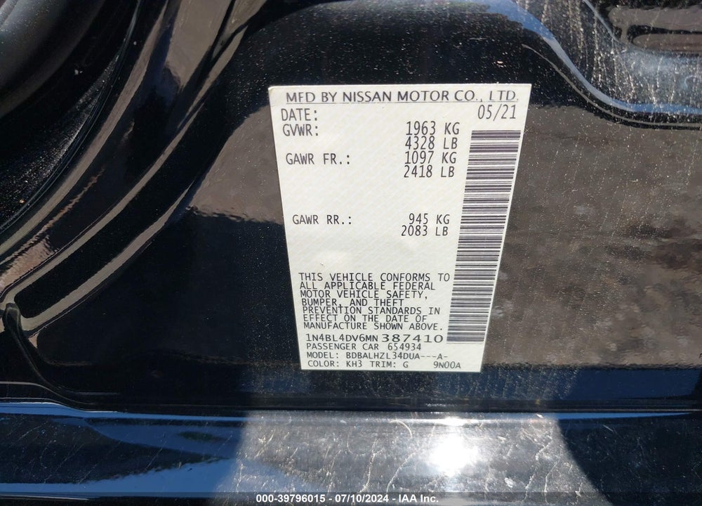 2021 NISSAN ALTIMA SV FWD VIN: 1N4BL4DV6MN387410