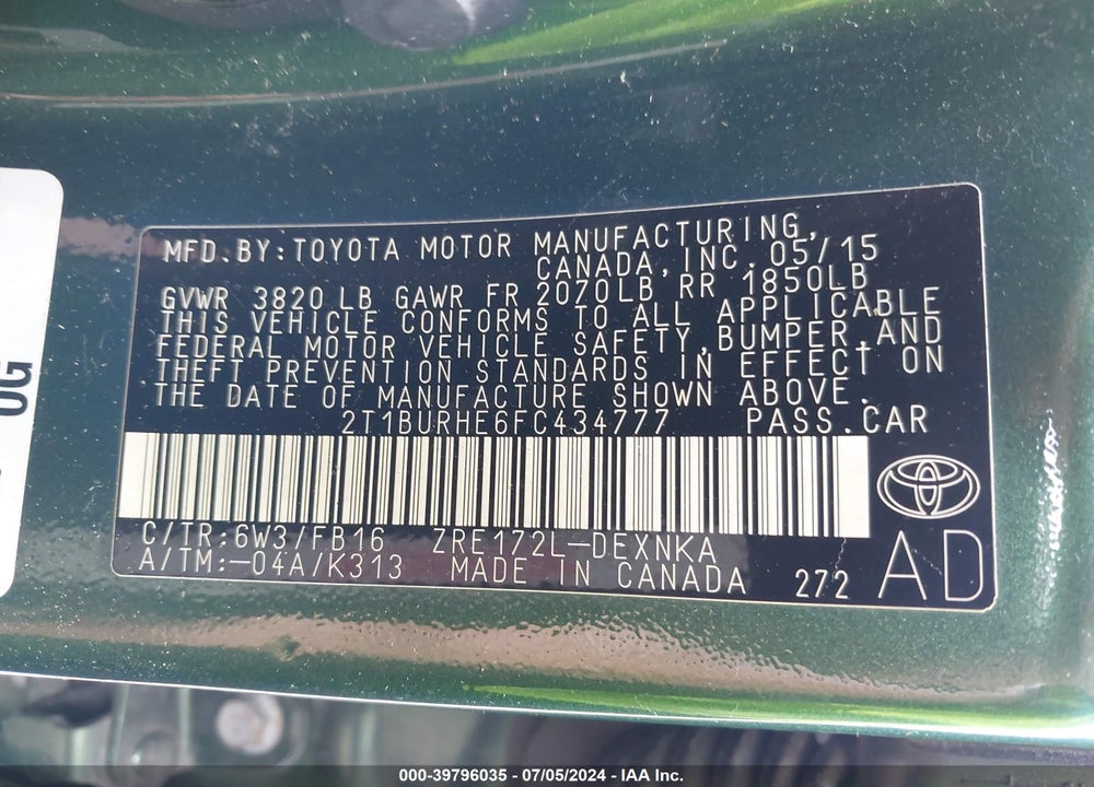 2015 TOYOTA COROLLA LE VIN: 2T1BURHE6FC434777
