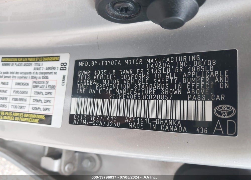 2009 TOYOTA MATRIX S VIN: 2T1KE40E59C020857
