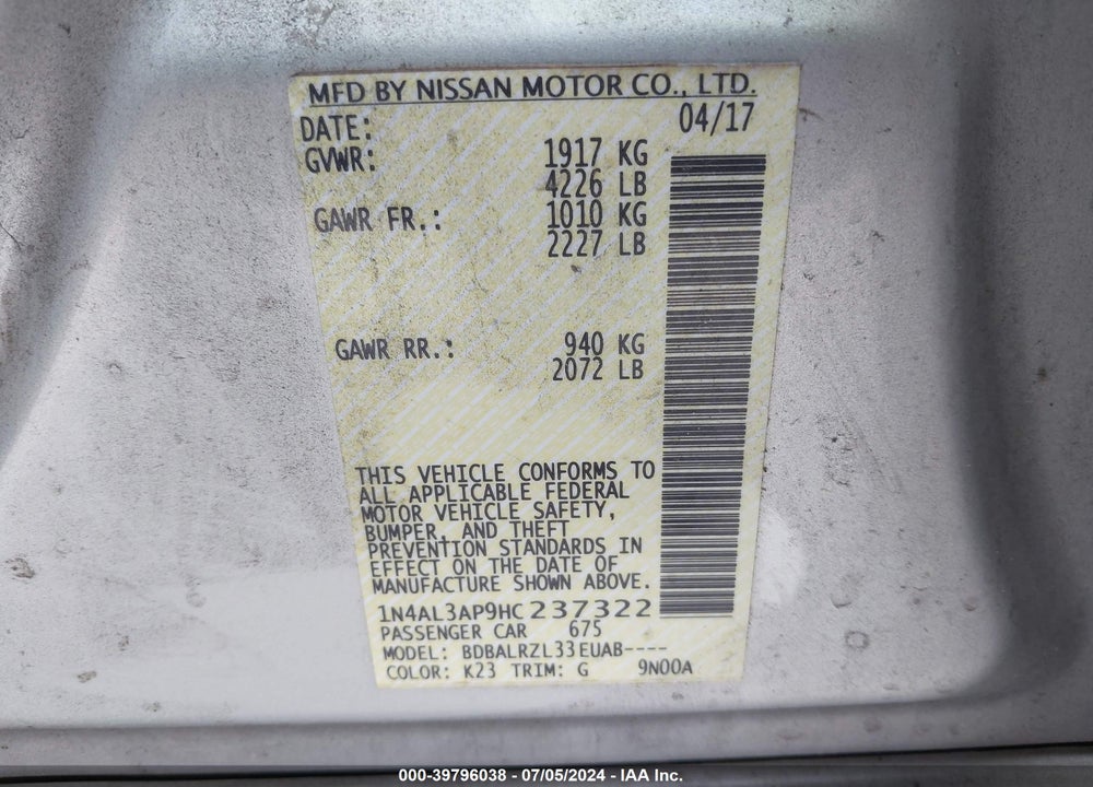 2017 NISSAN ALTIMA 2.5 SL VIN: 1N4AL3AP9HC237322