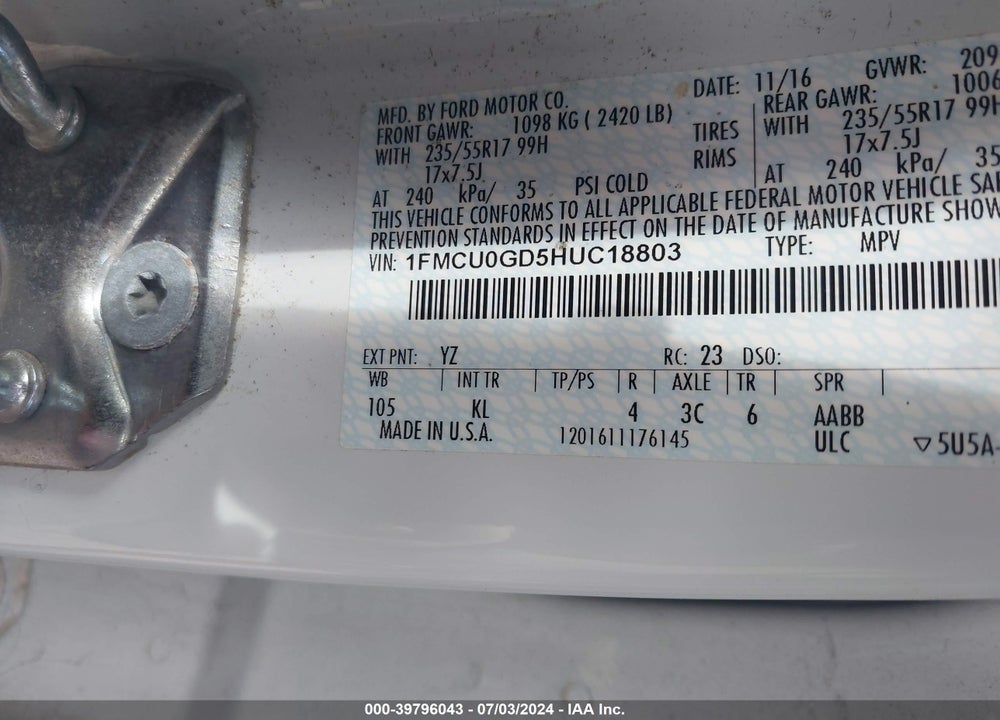 2017 FORD ESCAPE SE VIN: 1FMCU0GD5HUC18803
