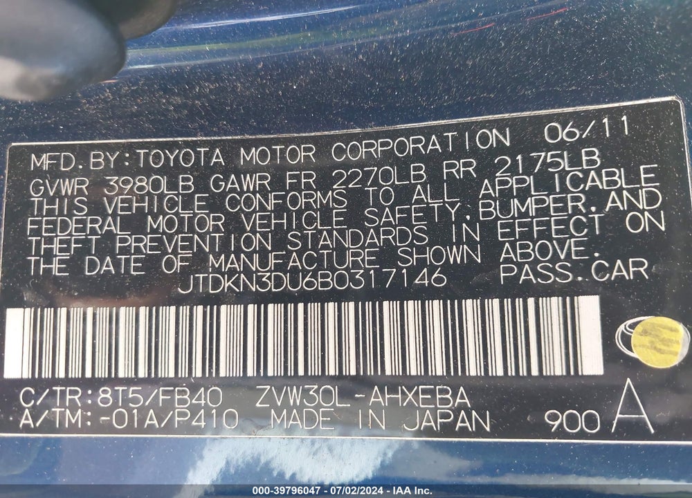 2011 TOYOTA PRIUS THREE VIN: JTDKN3DU6B0317146