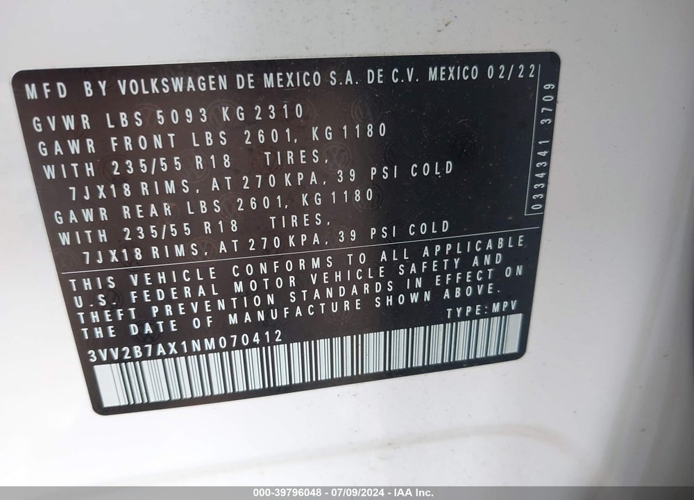 2022 VOLKSWAGEN TIGUAN 2.0T SE VIN: 3VV2B7AX1NM070412