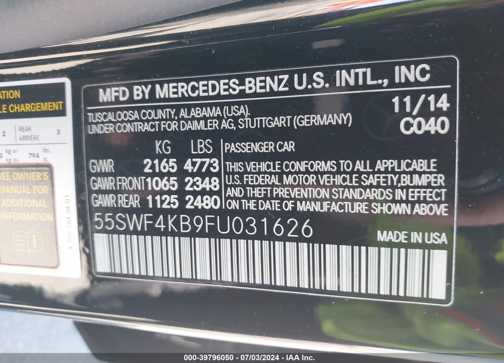 2015 MERCEDES-BENZ C 300 4MATIC/LUXURY 4MATIC/SPORT 4MATIC VIN: 55SWF4KB9FU031626