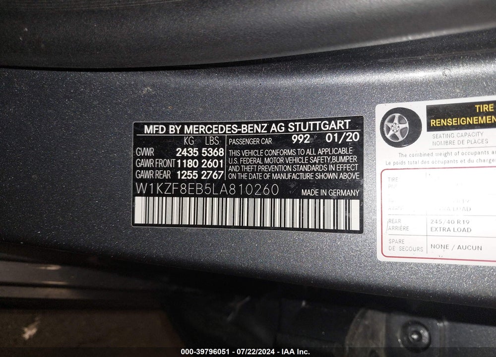 2020 MERCEDES-BENZ E 350 4MATIC VIN: W1KZF8EB5LA810260