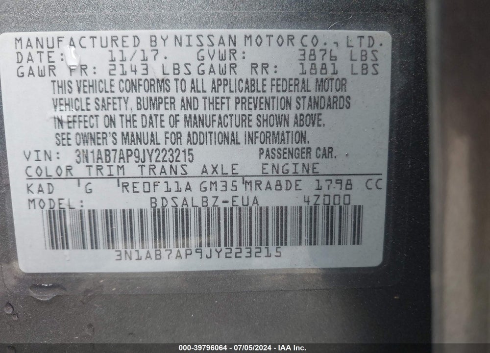 2018 NISSAN SENTRA S VIN: 3N1AB7AP9JY223215