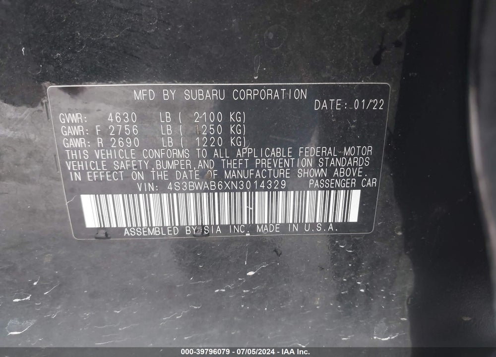 2022 SUBARU LEGACY VIN: 4S3BWAB6XN3014329