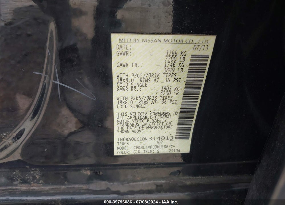 2013 NISSAN TITAN SV VIN: 1N6BA0EC1DN314013