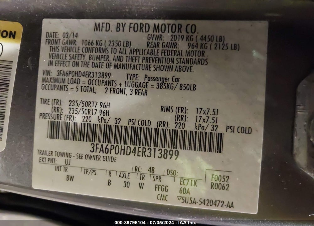 2014 FORD FUSION SE VIN: 3FA6P0HD4ER313899