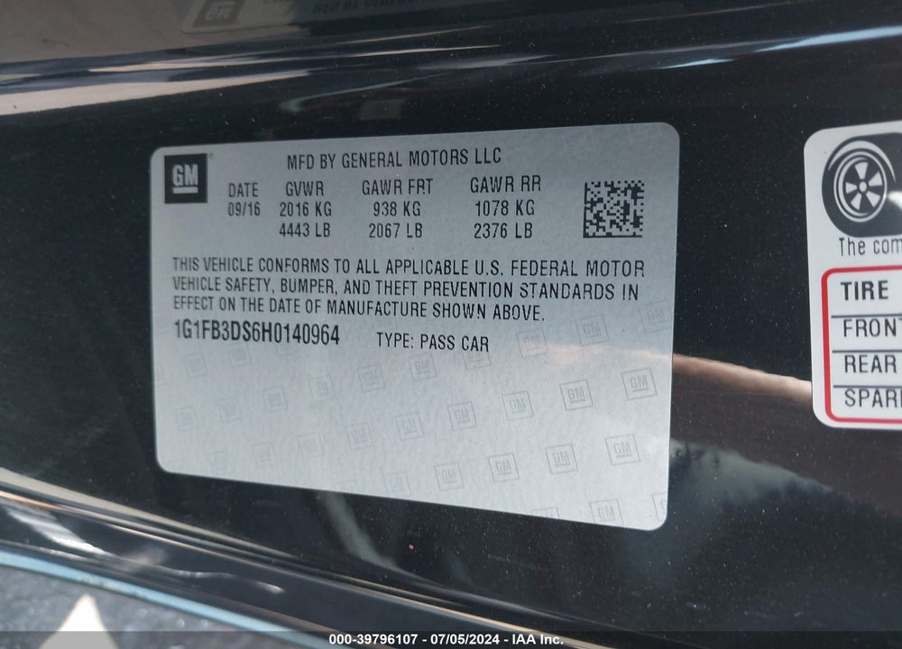2017 CHEVROLET CAMARO 1LT VIN: 1G1FB3DS6H0140964