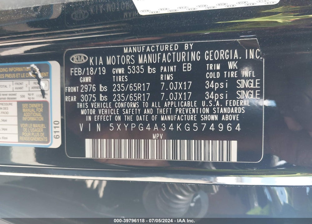 2019 KIA SORENTO 2.4L LX VIN: 5XYPG4A34KG574964