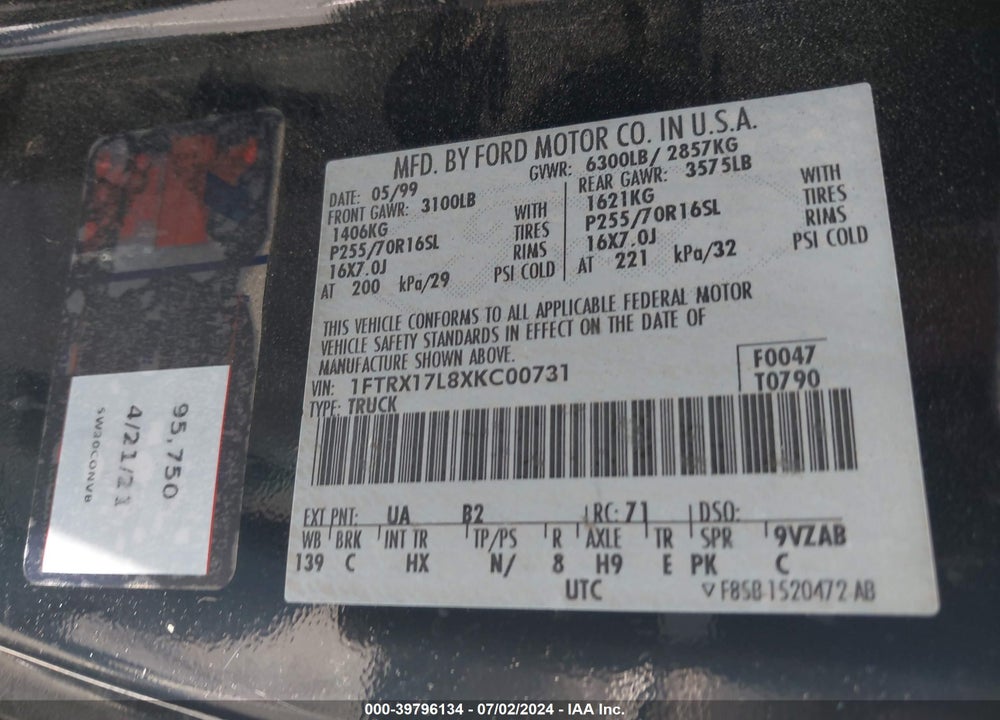 1999 FORD F-150 LARIAT/XL/XLT VIN: 1FTRX17L8XKC00731