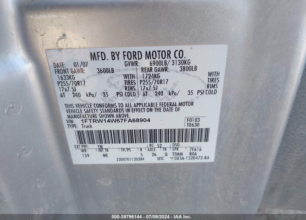2007 FORD F-150 XLT VIN: 1FTRW14W67FA68904