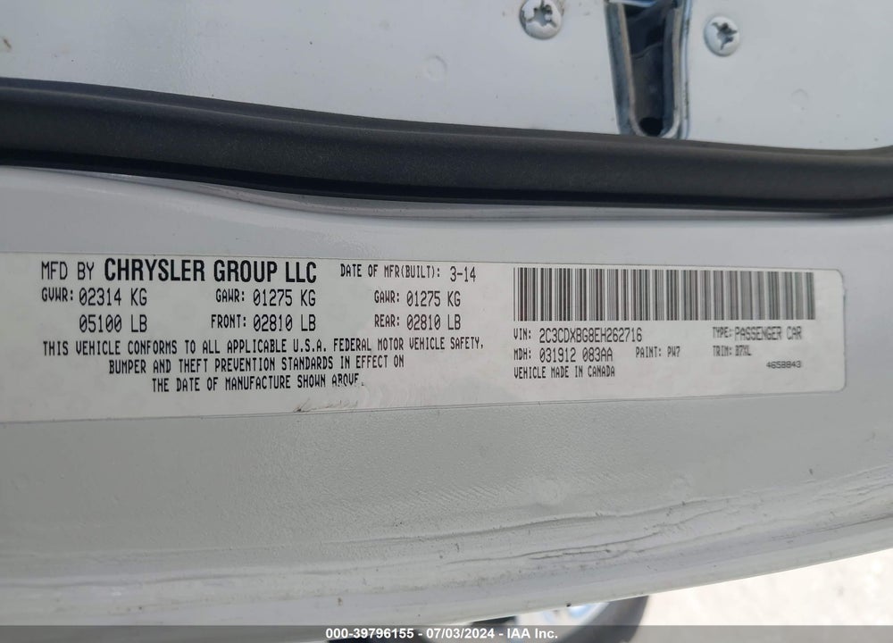 2014 DODGE CHARGER SE VIN: 2C3CDXBG8EH262716