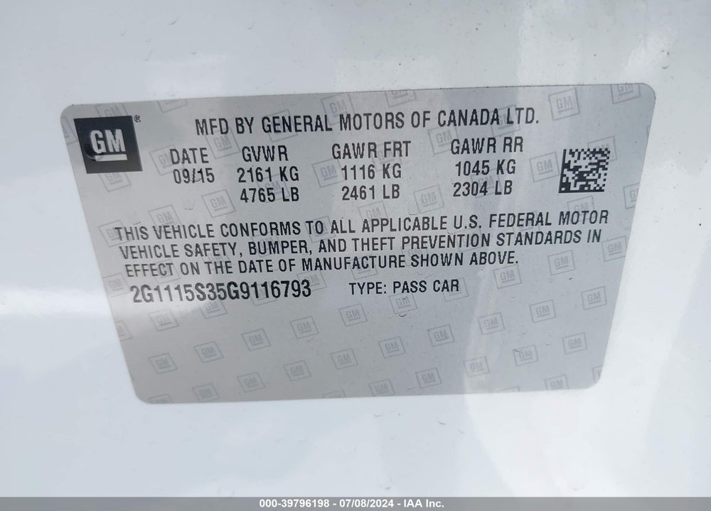 2016 CHEVROLET IMPALA 2LT VIN: 2G1115S35G9116793