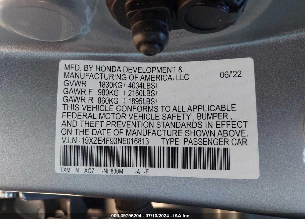 2022 HONDA INSIGHT TOURING VIN: 19XZE4F93NE016813