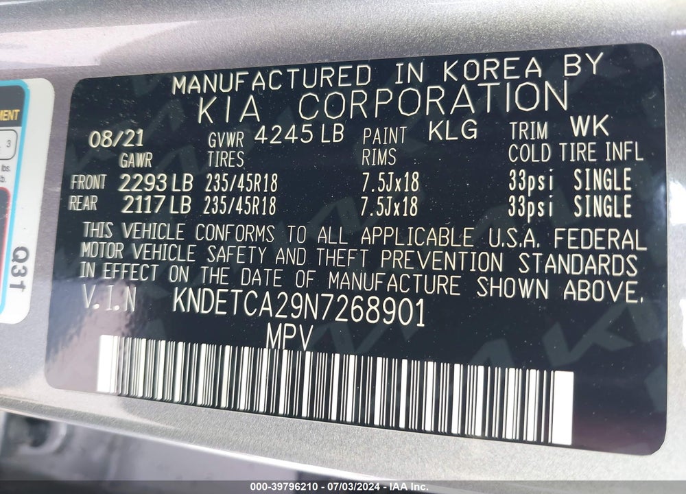 2022 KIA SELTOS VIN: KNDETCA29N7268901