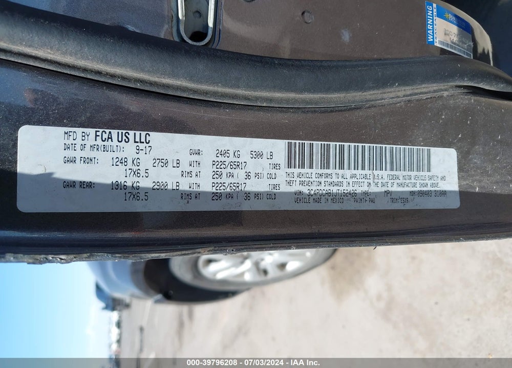2018 DODGE JOURNEY SE VIN: 3C4PDCAB1JT152426